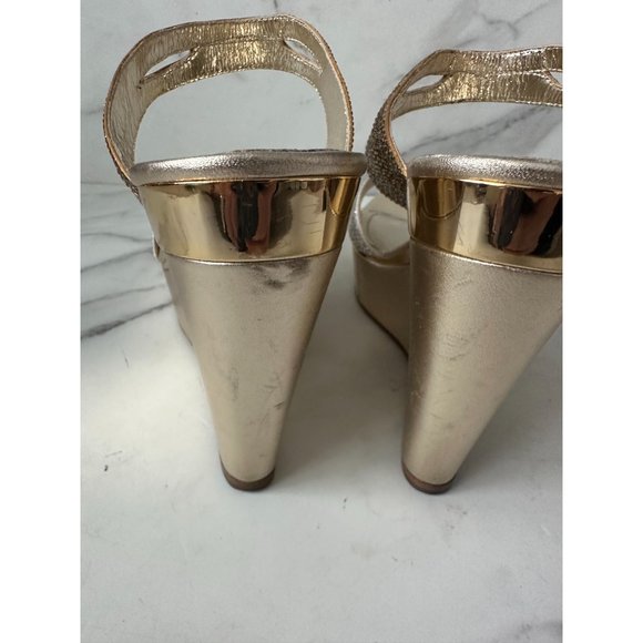 RENE CAOVILLA Gold Leather Swarovski Crystal Strass Platform Wedges Size 40 - Picture 7 of 10